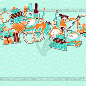 Wedding invitation card with stickers in retro style - color vector clipart