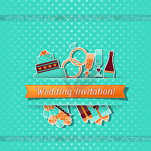 Wedding invitation card with stickers in retro style - vector clip art