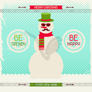 Merry Christmas background with snowman in hipster - royalty-free vector clipart
