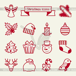 Набор Веселые рождественские иконки и объекты - изображение в векторном виде