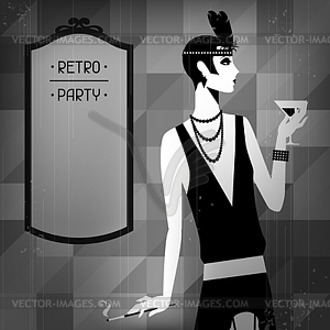 Ретро партии фон с красивой девушкой - черно-белый векторный клипарт
