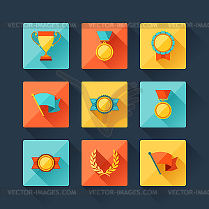 Trophy and awards icons set in flat design style - vector image