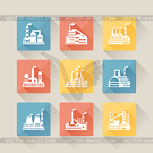 Industrial factory buildings icons set in flat - color vector clipart