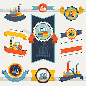 Industrial factory buildings banners, ribbons and - vector image