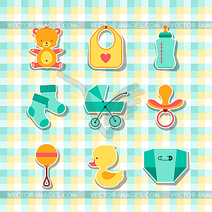 Newborn baby stuff icons stickers - vector clipart