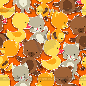 Seamless pattern with baby cat, bear, fox and duck - vector clip art