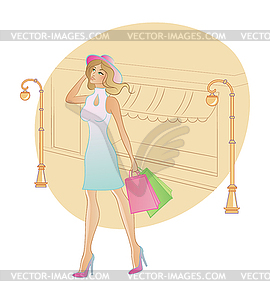 Shopping woman in hat - vector image