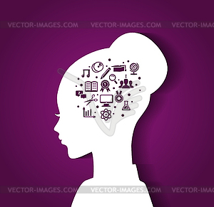 Woman`s head with education icons - vector clipart