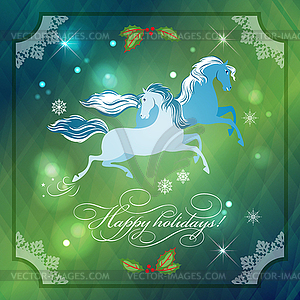 Christmas Horses on Abstract Night Background - vector clipart