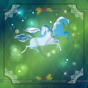 Christmas Horses on Abstract Night Background - vector image