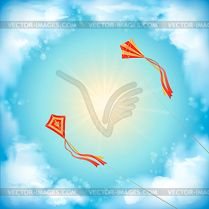 Sky design, white clouds, sun, flying kites - vector clipart