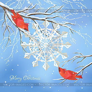 Christmas snowflake, birds, tree background - vector image