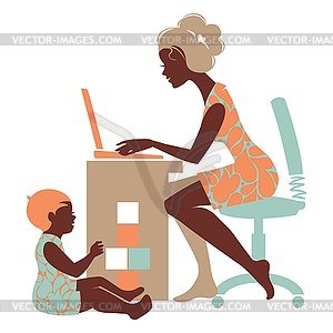 Beautiful silhouette of mother – freelancer with n - vector image