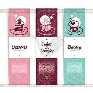 Set of vintage bakery banners with cupcakes. Menu - vector clipart