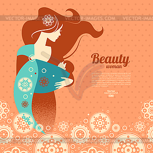 Beautiful mother silhouette with baby in sling and - vector clipart