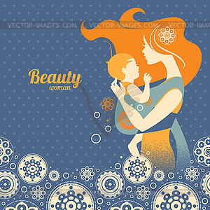 Beautiful mother silhouette with baby in sling and - vector image