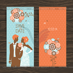 Wedding invitation card. Vintage with newlyweds - vector clip art