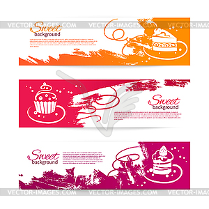 Set of vintage bakery banners with cupcakes. Menu - vector image