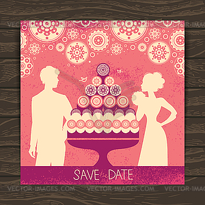 Wedding invitation card. Vintage with newlyweds sil - vector clip art