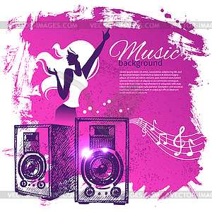 Music background with and dance girl sil - vector clipart