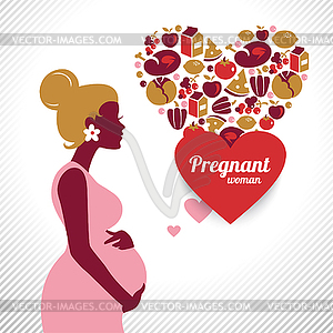 Pregnant woman silhouette. Heart shape with food - vector image