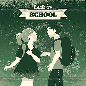 Vintage students background. School boy and girl. - vector image