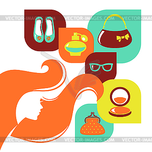 Beautiful woman silhouette with shopping icons. - vector clipart