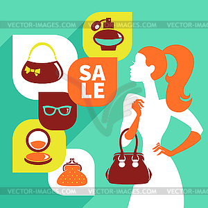 Beautiful woman silhouette with shopping icons. - vector clip art