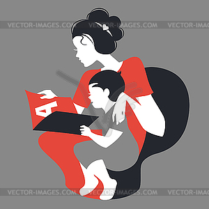 Beautiful silhouette of mother and baby reading - vector clipart