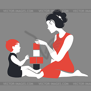 Beautiful silhouette of mother and baby playing wit - vector clip art