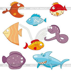 Cartoon fishes doodle icon set - vector image