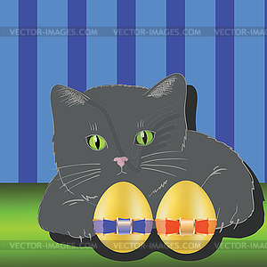 Cat and two easter eggs - vector clip art