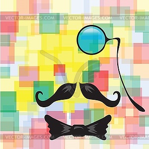 Vintage silhouette of monocle, mustaches and bow tie - color vector clipart