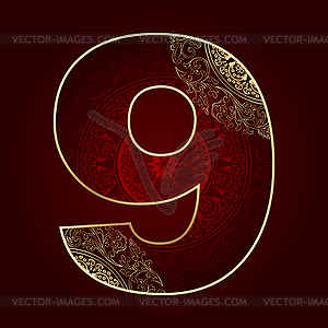 Vintage number 9 with floral swirls - vector image