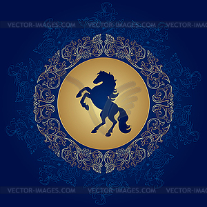Лошадь силуэт на старинные цветочные фон - векторный рисунок