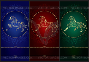 Horse silhouette on floral background, vintage set - vector clip art