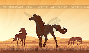 Лошади в поле силуэт на фоне заката - клипарт в векторном формате