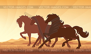 Horses in field on sunset background silhouette - vector EPS clipart