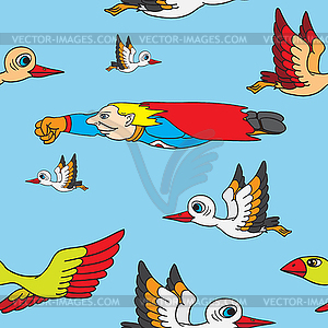 Seamless background. Birds and superman flying in - vector clipart