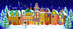 Winter night in the old town - vector image