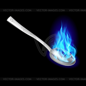 Metal spoon with blue fire - vector image