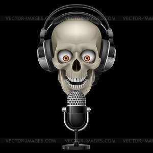 Skull with headphones with microphone - vector image