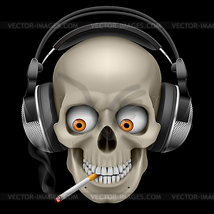 Skull with headphones with cigarette - vector clip art