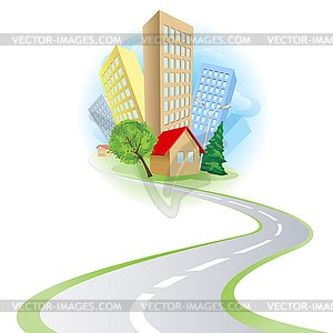 Townhouses cottages and road - vector image