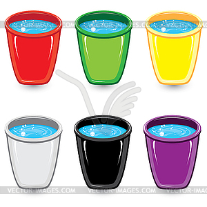 Set of colorful buckets of soapy water - color vector clipart