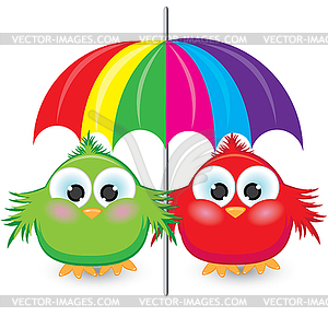 Two cartoon sparrow under colorful umbrella - vector clipart