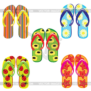 Five pairs of colorful flip flops - vector clip art