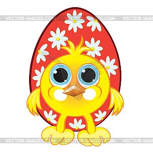 Small beautiful chicken with easter eggs - vector clip art