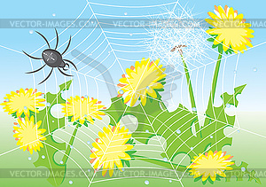 Cartoon spider and dandelions - vector clip art