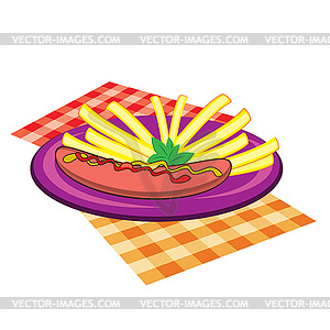 Violet plate of sausage and chips - vector clipart